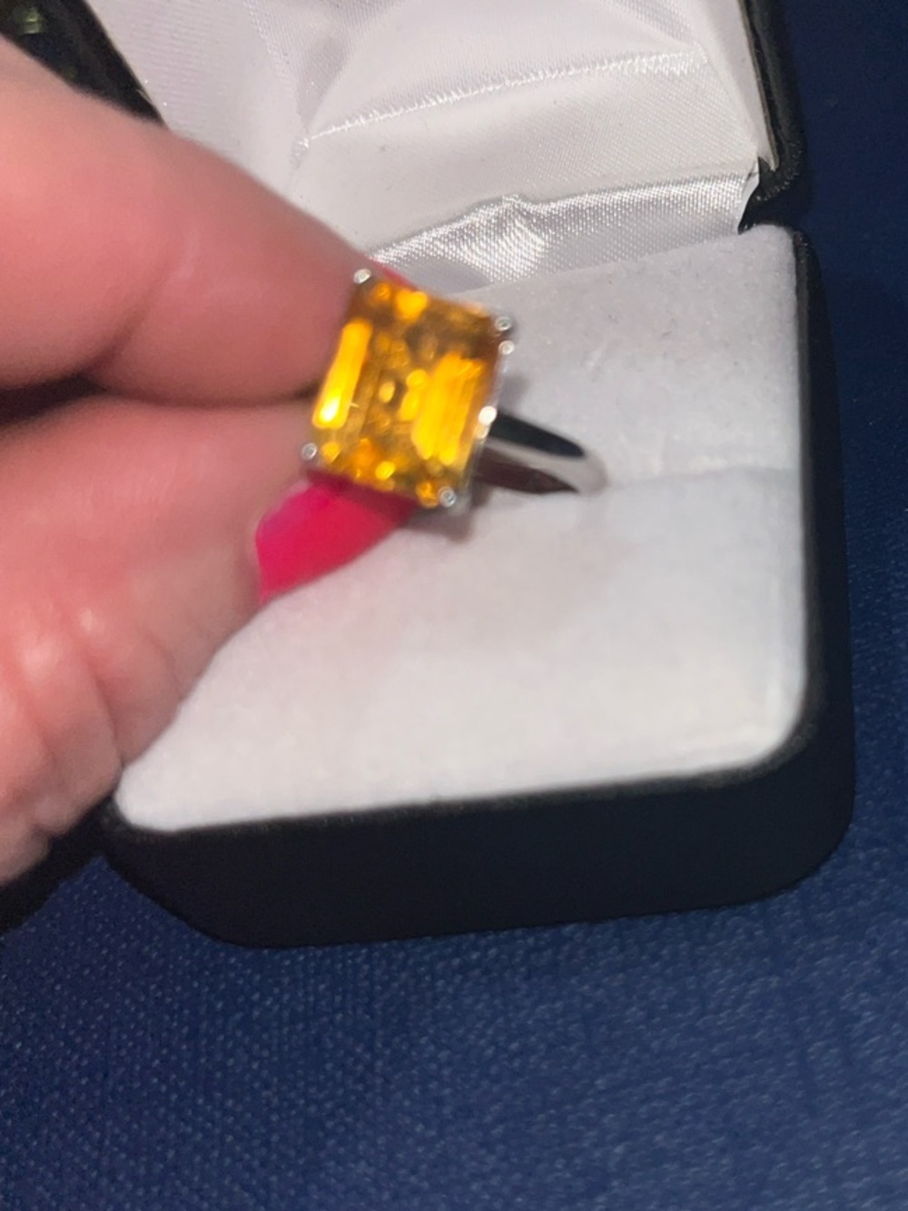 Square Yellow Stone Solitaire Ring with Sterling-Style Band - Picture 3 of 4